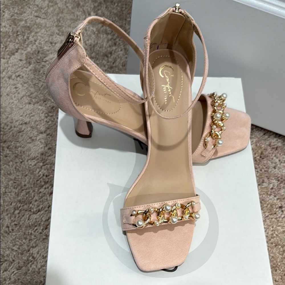 Zara Blush Heels with Gold and Pearl Accents